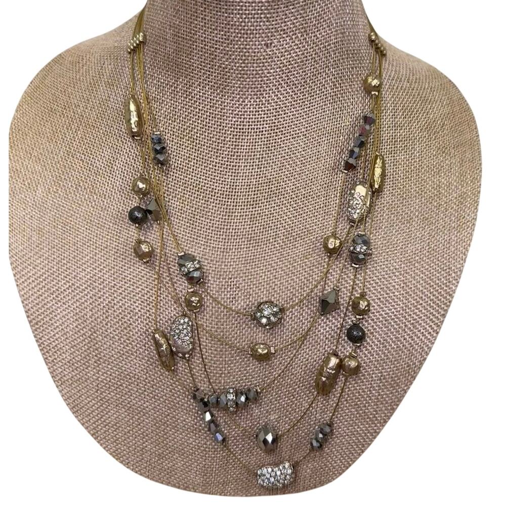 Chico’s Multi Strand Necklace Black Gold Crystal Layered Statement Boho Luxe